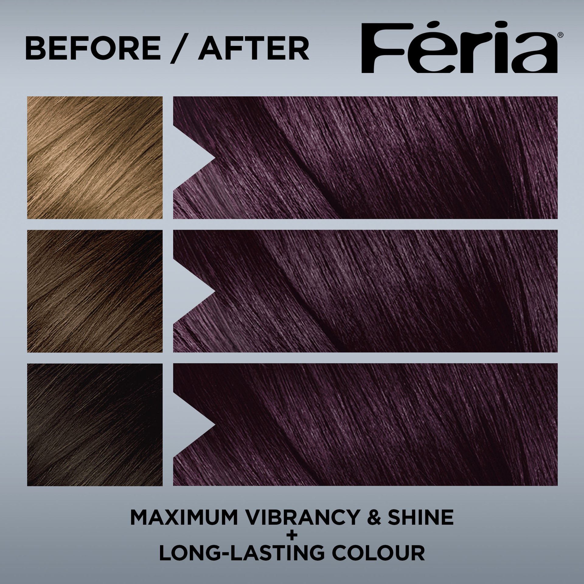 Hair before and after using Feria V28 Deepest Violet